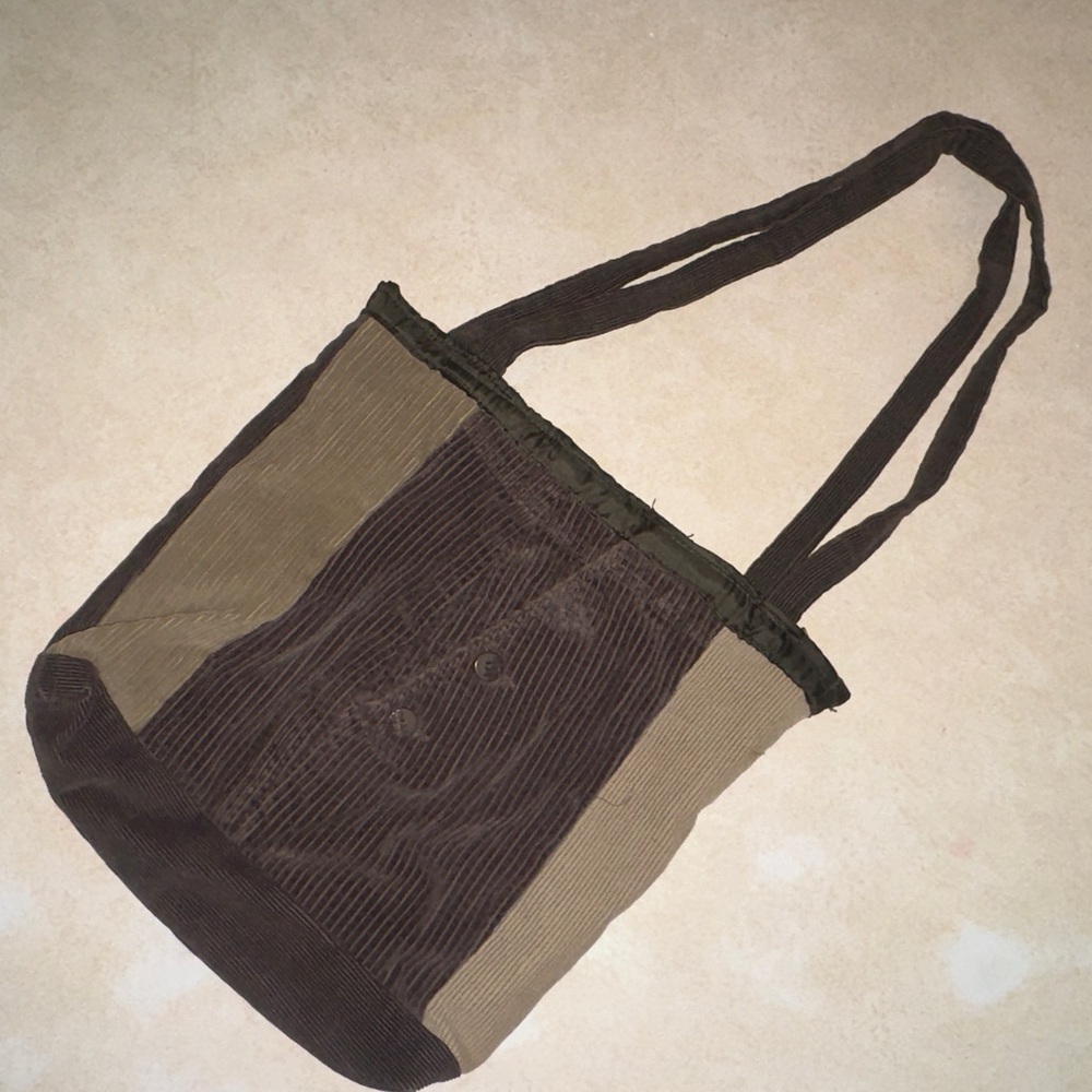 One of a Kind Corduroy Two-Tone Pockets Tote Bag in Olive and Chocolate Handmade